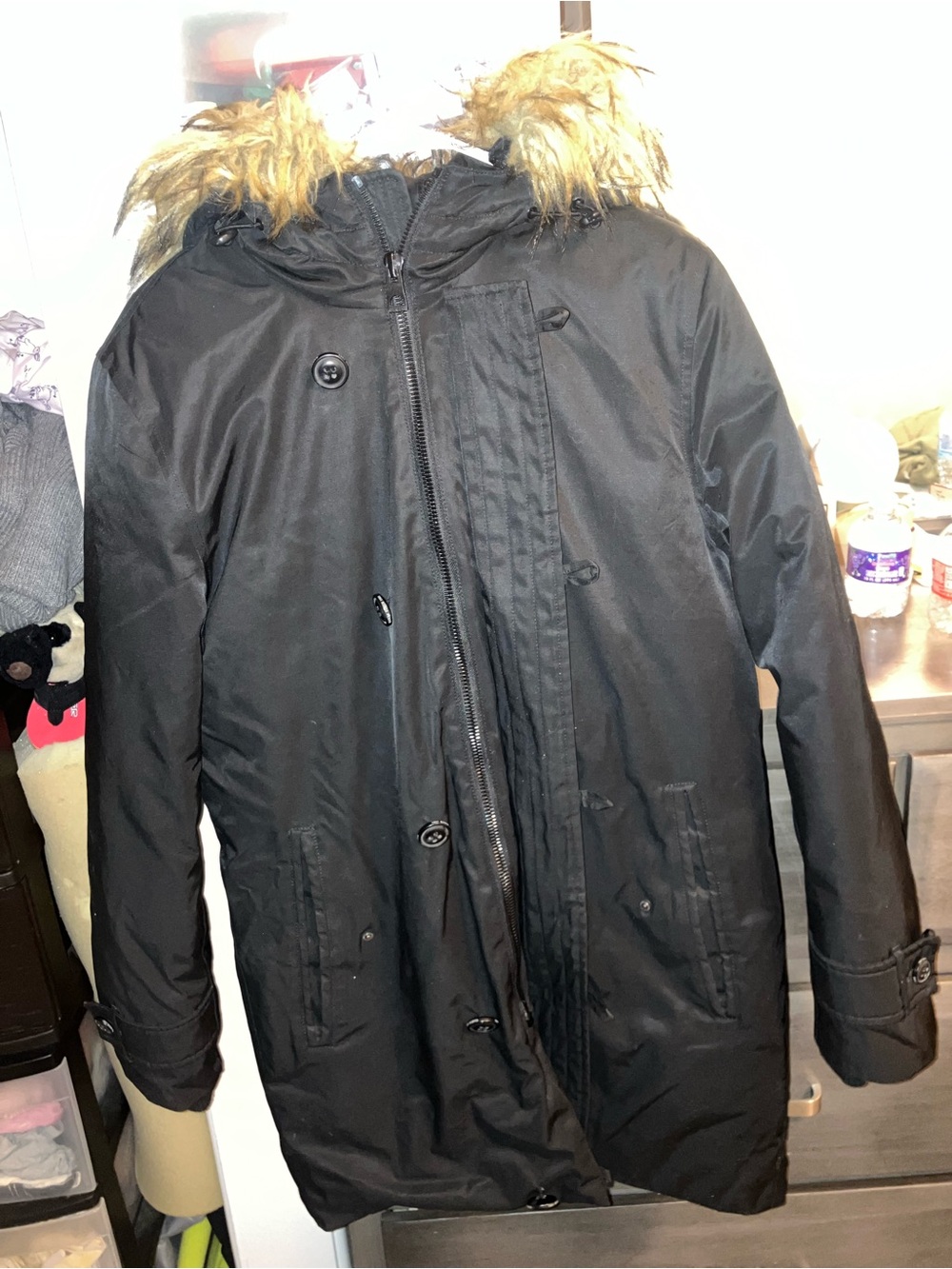 Guess Black Parka Fur hood with White and Red Triangle Logo Patch
